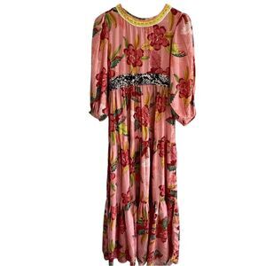 Connor & Blake Womens Floral Peasant Dress Size M Handmaid Beaded Boho Flowy